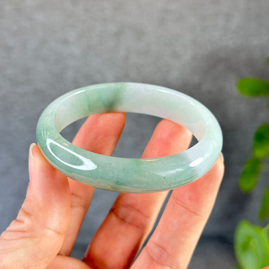 Moss Green Ivory White Natural Jadeite Jade Bangle Oval Leaf Style Size 55 mm