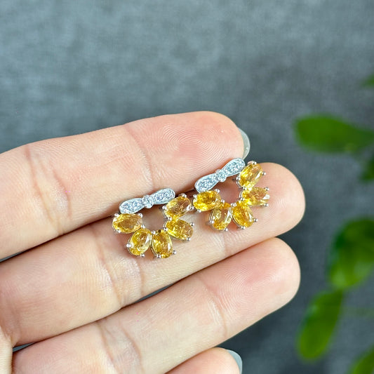 5 Bead Wreath Light Golden Natural Tourmaline Earrings in Silver Setting