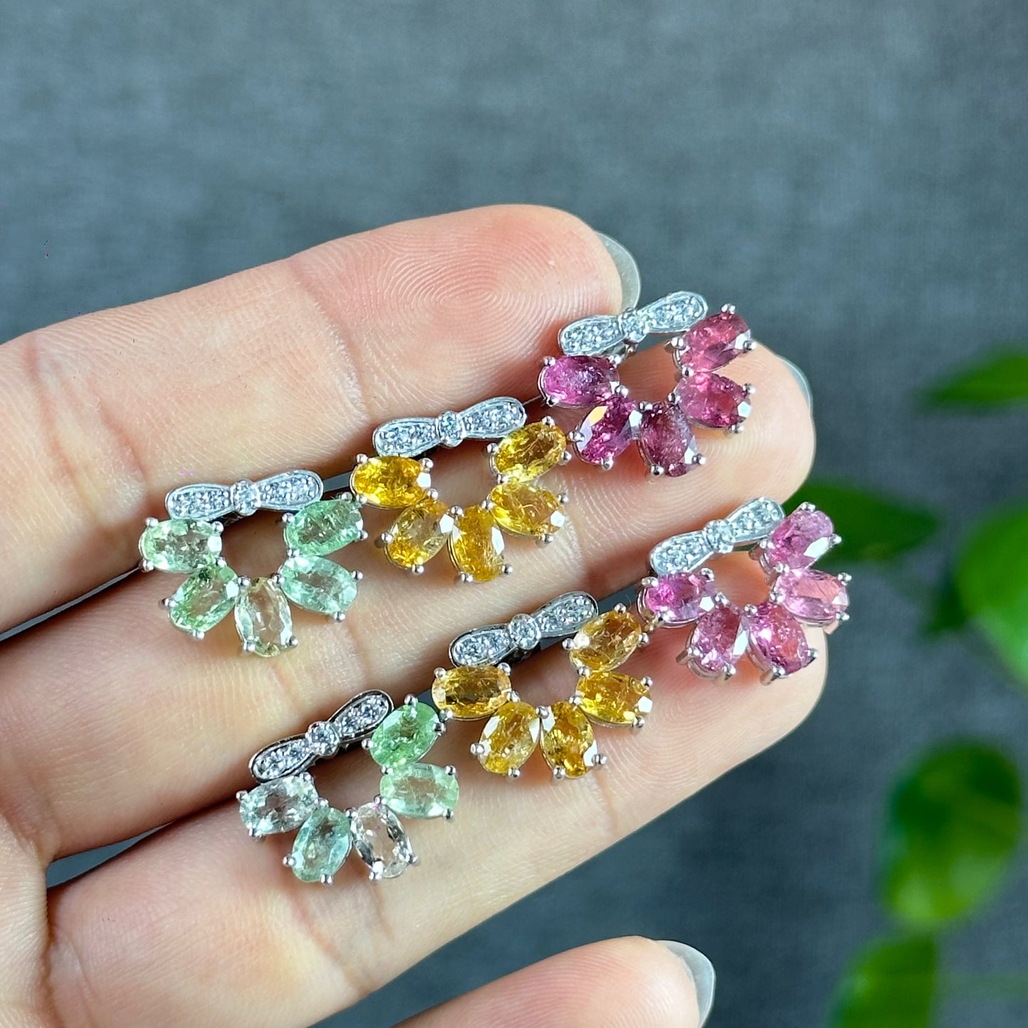 5 Bead Wreath Light Golden Natural Tourmaline Earrings in Silver Setting