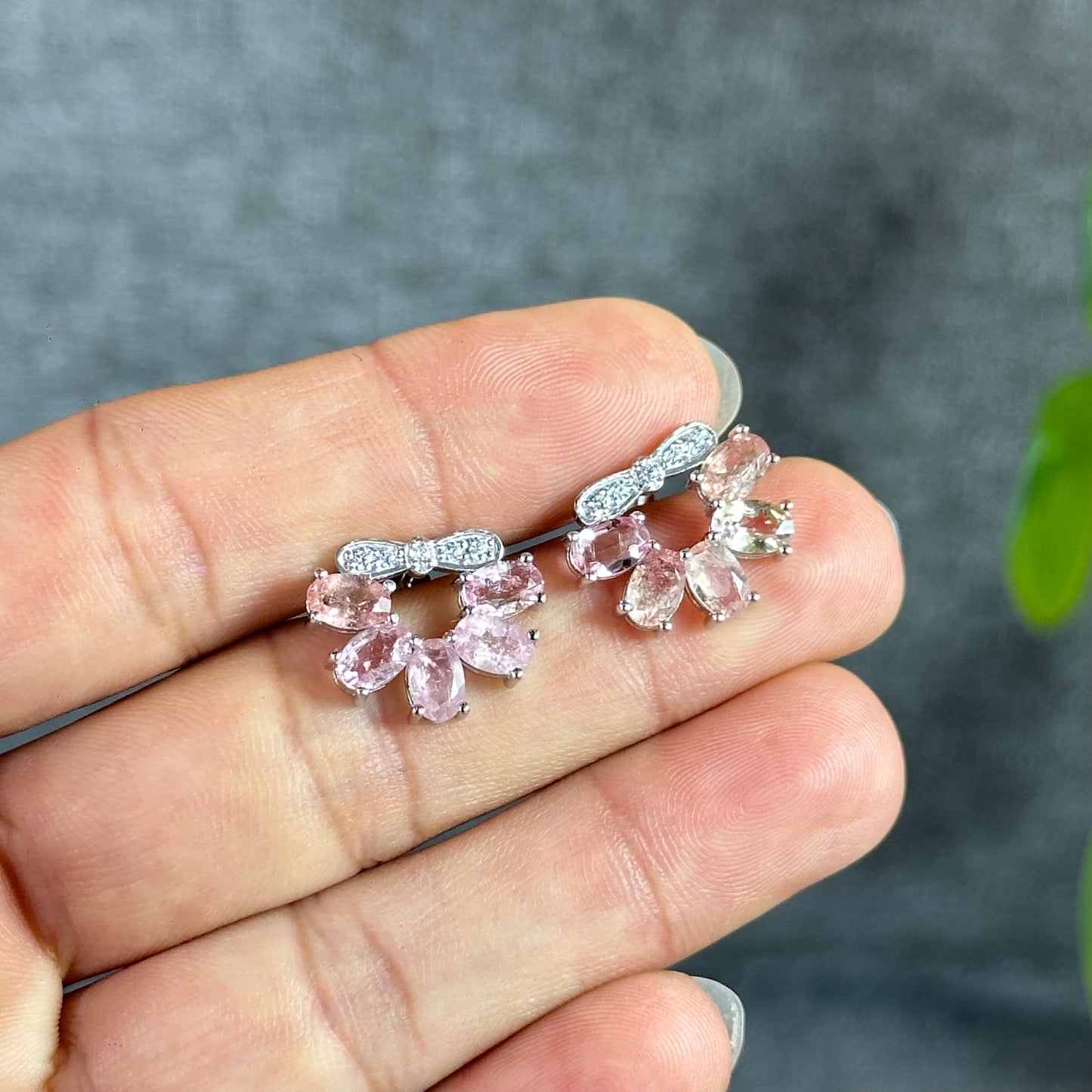 5 Bead Wreath Light Pink Natural Tourmaline Earrings in Silver Setting
