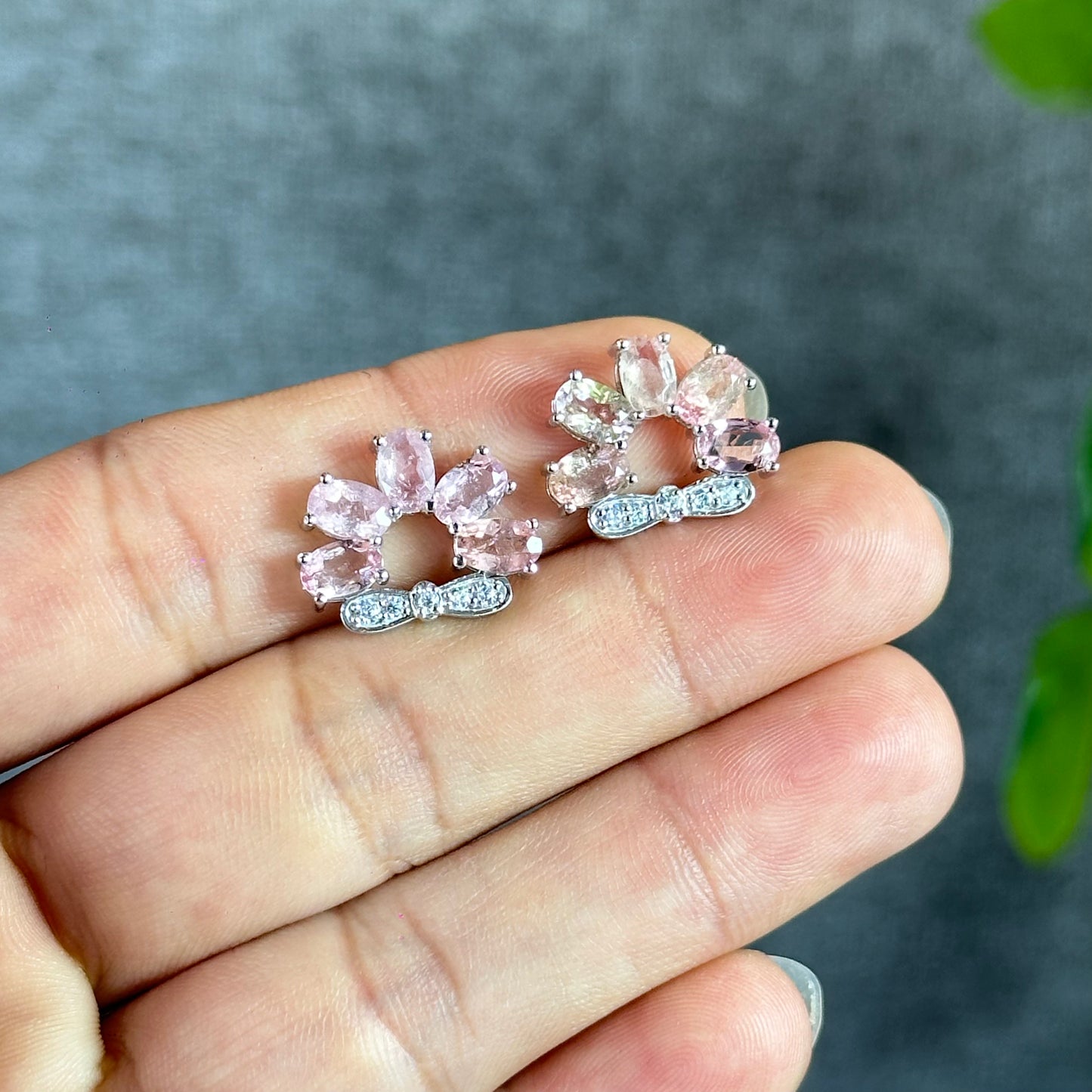 5 Bead Wreath Light Pink Natural Tourmaline Earrings in Silver Setting