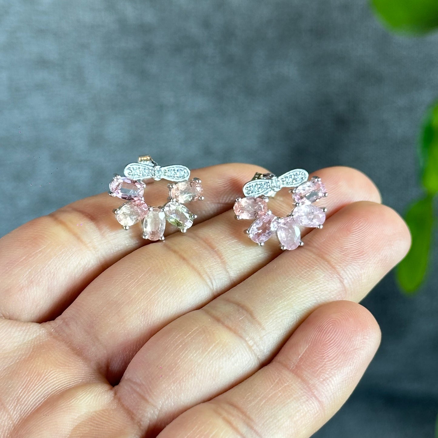 5 Bead Wreath Light Pink Natural Tourmaline Earrings in Silver Setting