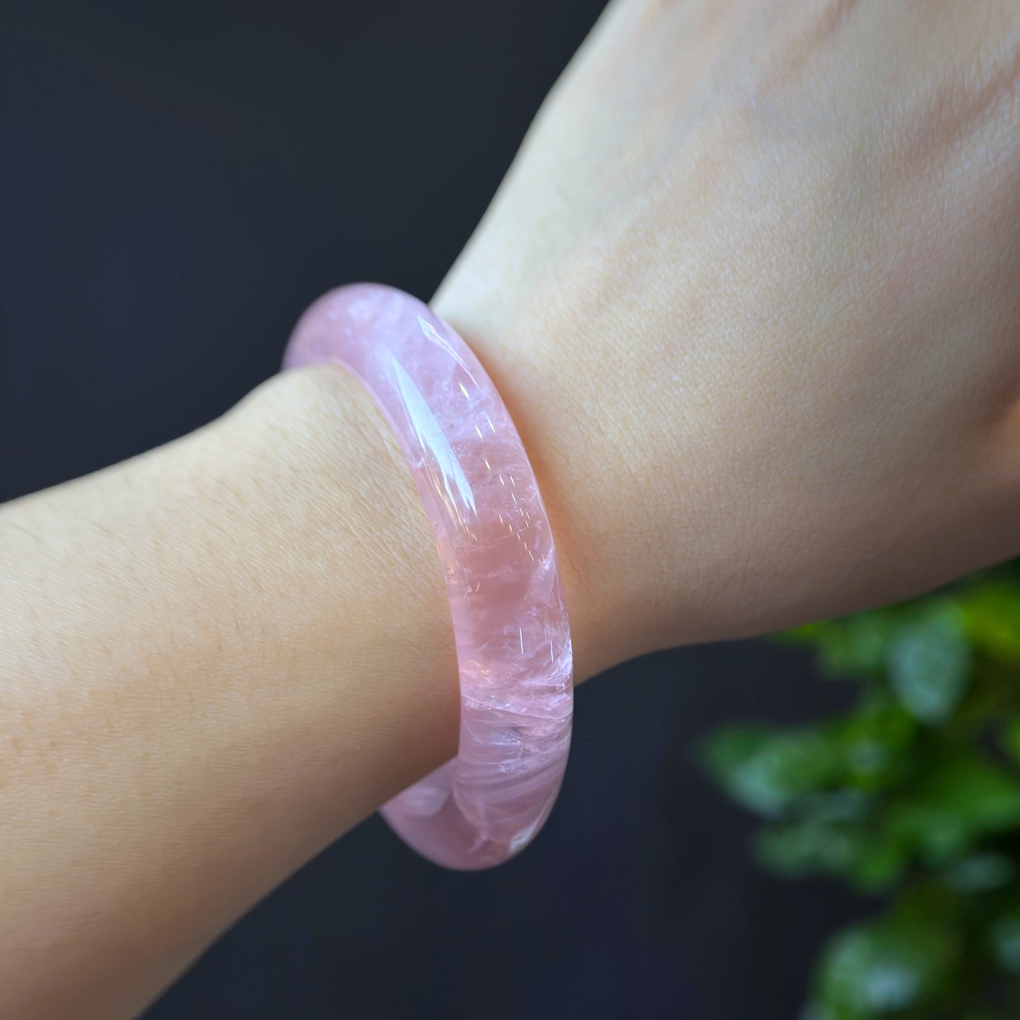 Clear Natural Rose Quartz Bangle Leaf Style Size 57 mm