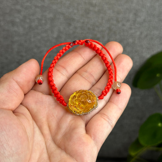 Natural Amber Peony Flower Pendant in Silver Setting
