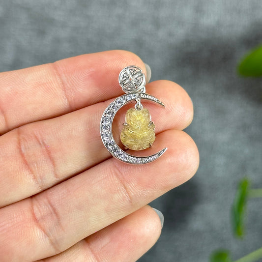 Ho Ly Natural Golden Rutilated Quartz Pendant In Moon Gold Platted Silver Setting