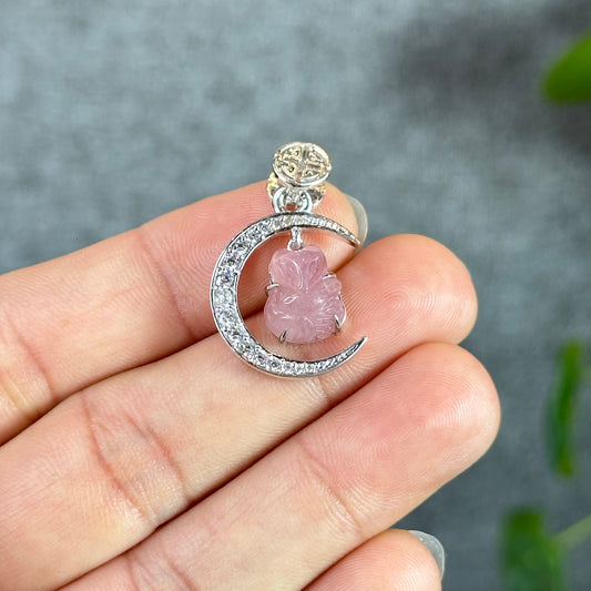 Ho Ly Natural Rose Quartz Pendant In Moon Gold Platted Silver Setting