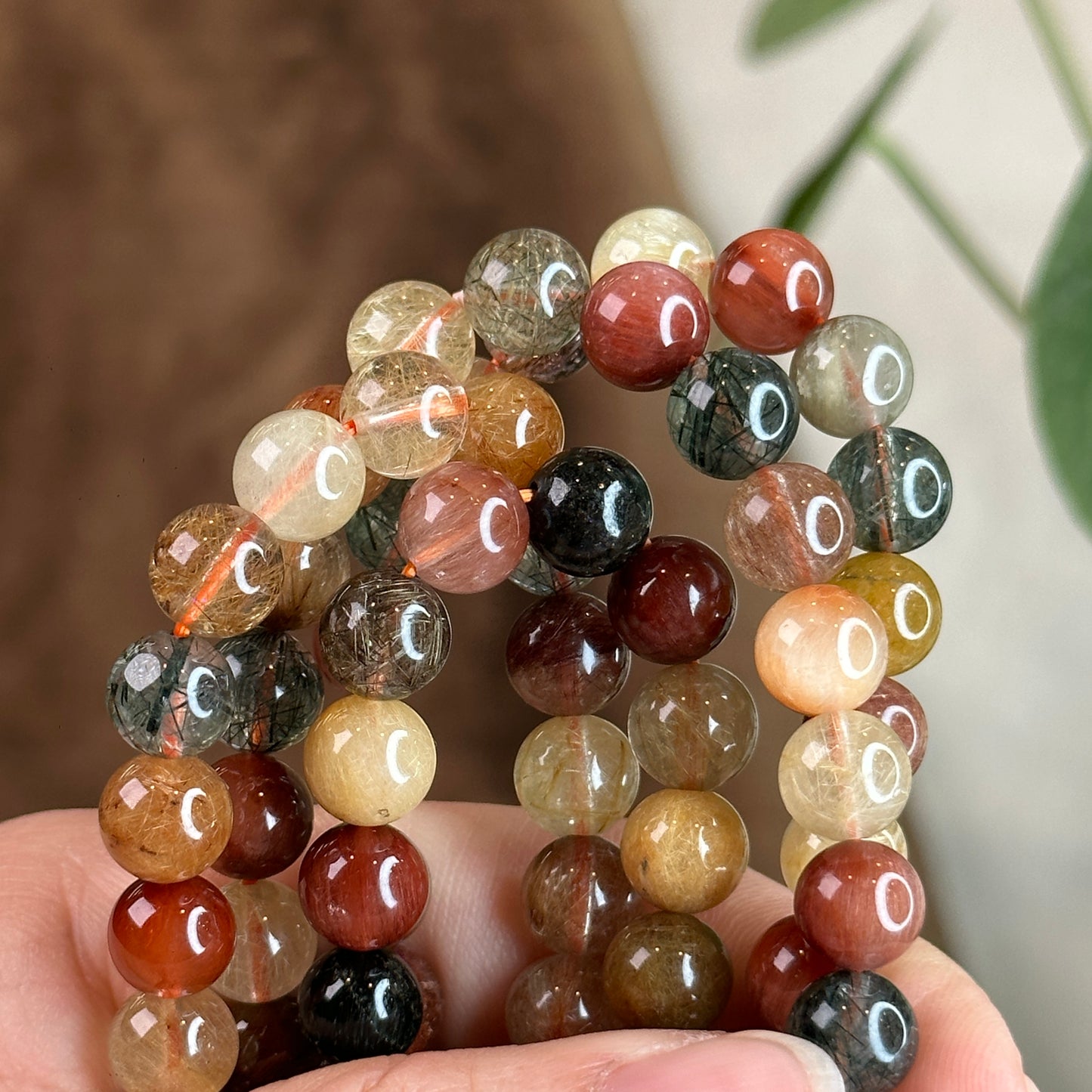 Dark Tri Colour Natural Rutilated Quartz Bracelet Size 8.5 mm