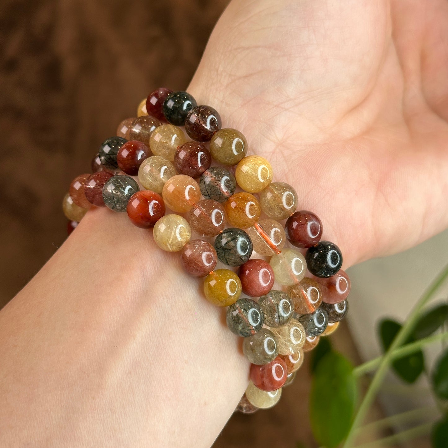 Dark Tri Colour Natural Rutilated Quartz Bracelet Size 8.5 mm