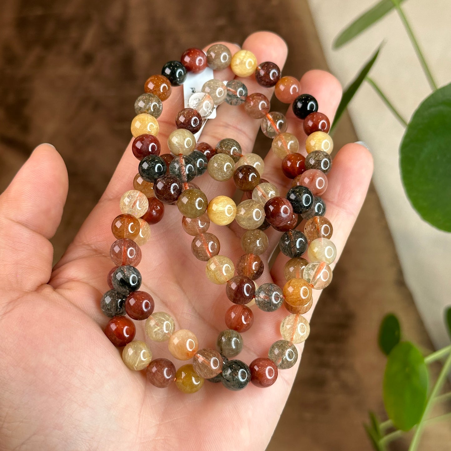 Dark Tri Colour Natural Rutilated Quartz Bracelet Size 8.5 mm