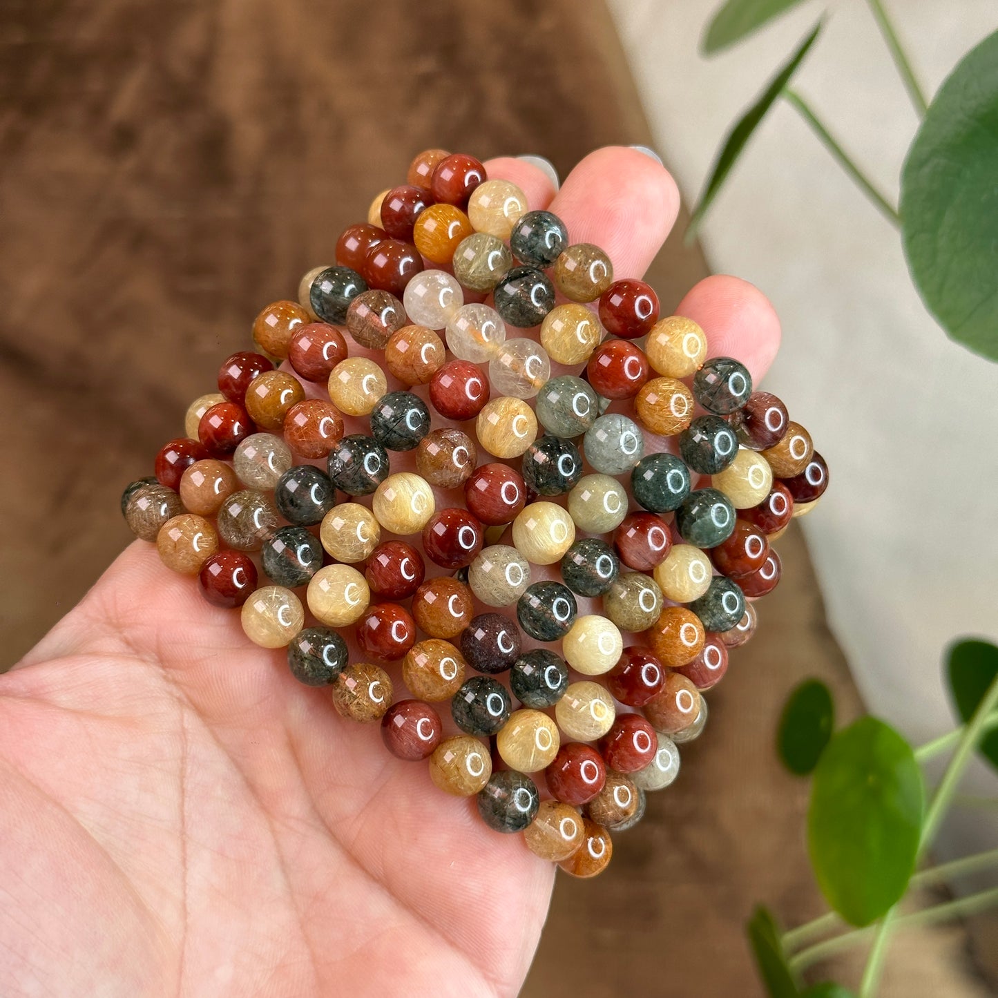 Dark Tri Colour Natural Rutilated Quartz Bracelet Size 8 mm