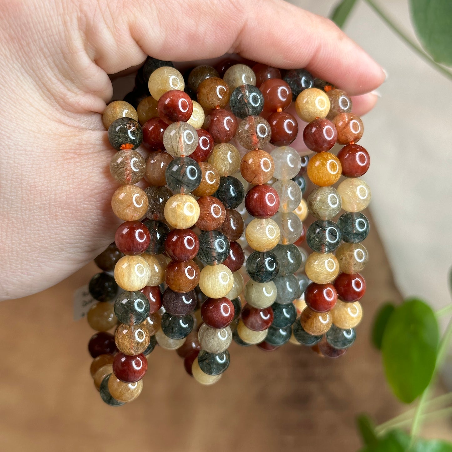 Dark Tri Colour Natural Rutilated Quartz Bracelet Size 8 mm