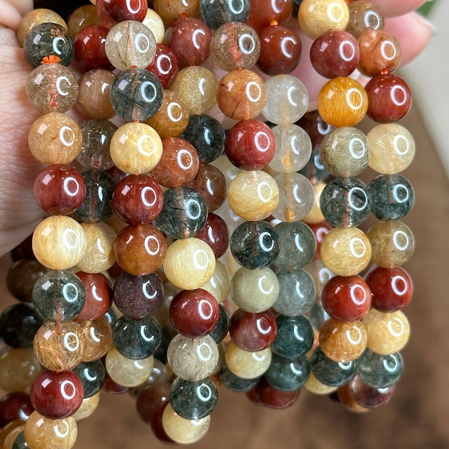 Dark Tri Colour Natural Rutilated Quartz Bracelet Size 8 mm