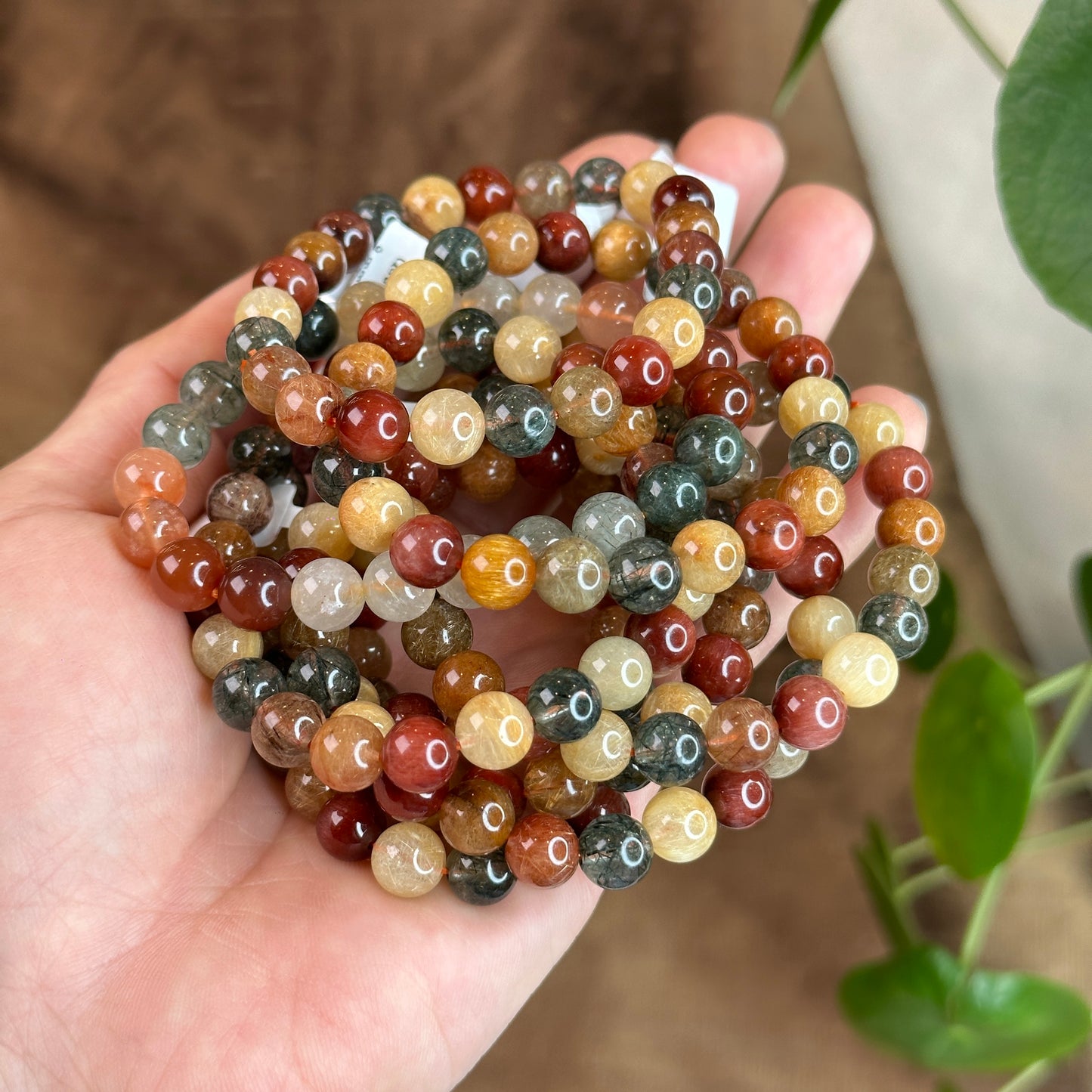 Dark Tri Colour Natural Rutilated Quartz Bracelet Size 8 mm