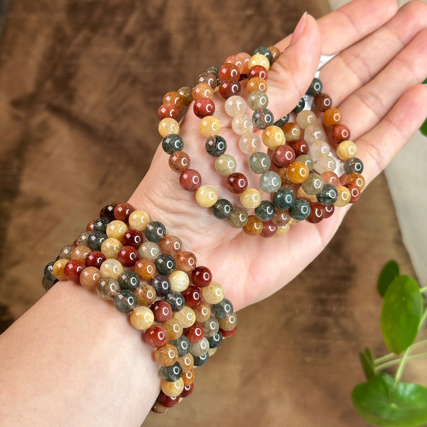 Dark Tri Colour Natural Rutilated Quartz Bracelet Size 8 mm