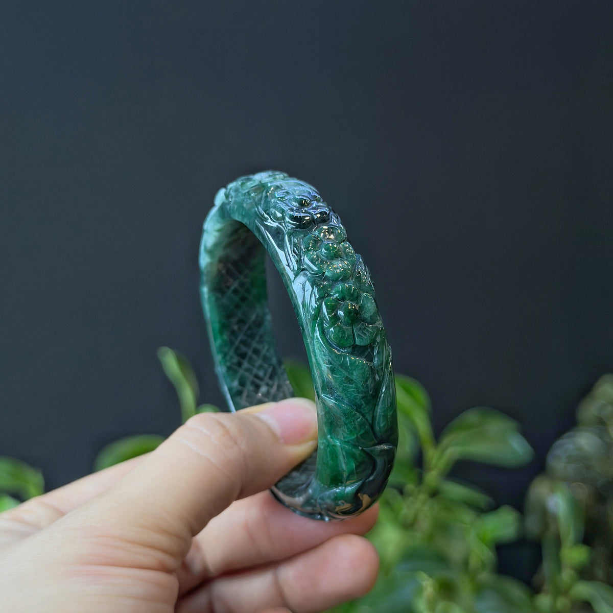Natural Water Green Floating Flower Carving Jadeite Jade Banlge Leaf Style Size 56 mm