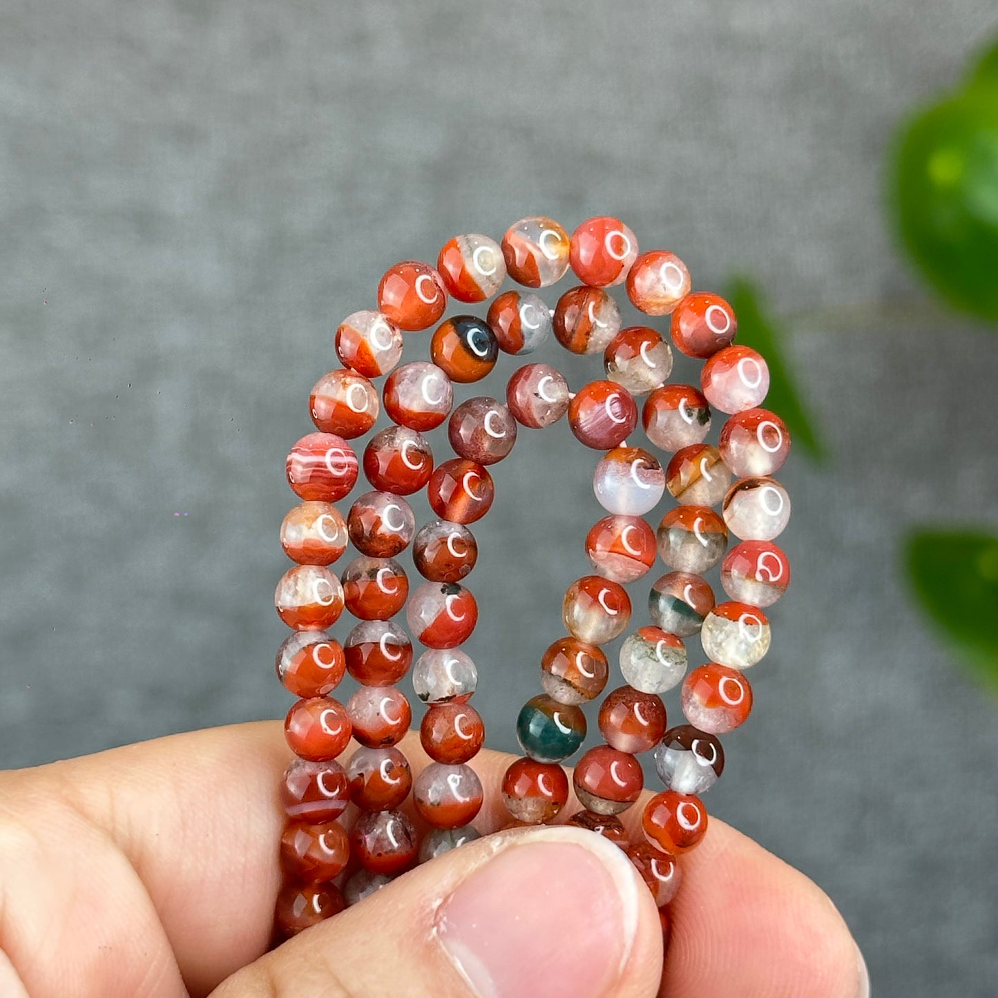 Natural Half Bowl Mixed Moss Green Nan Hong Agate VIP Triple Wrap Bracelet Size 5 mm