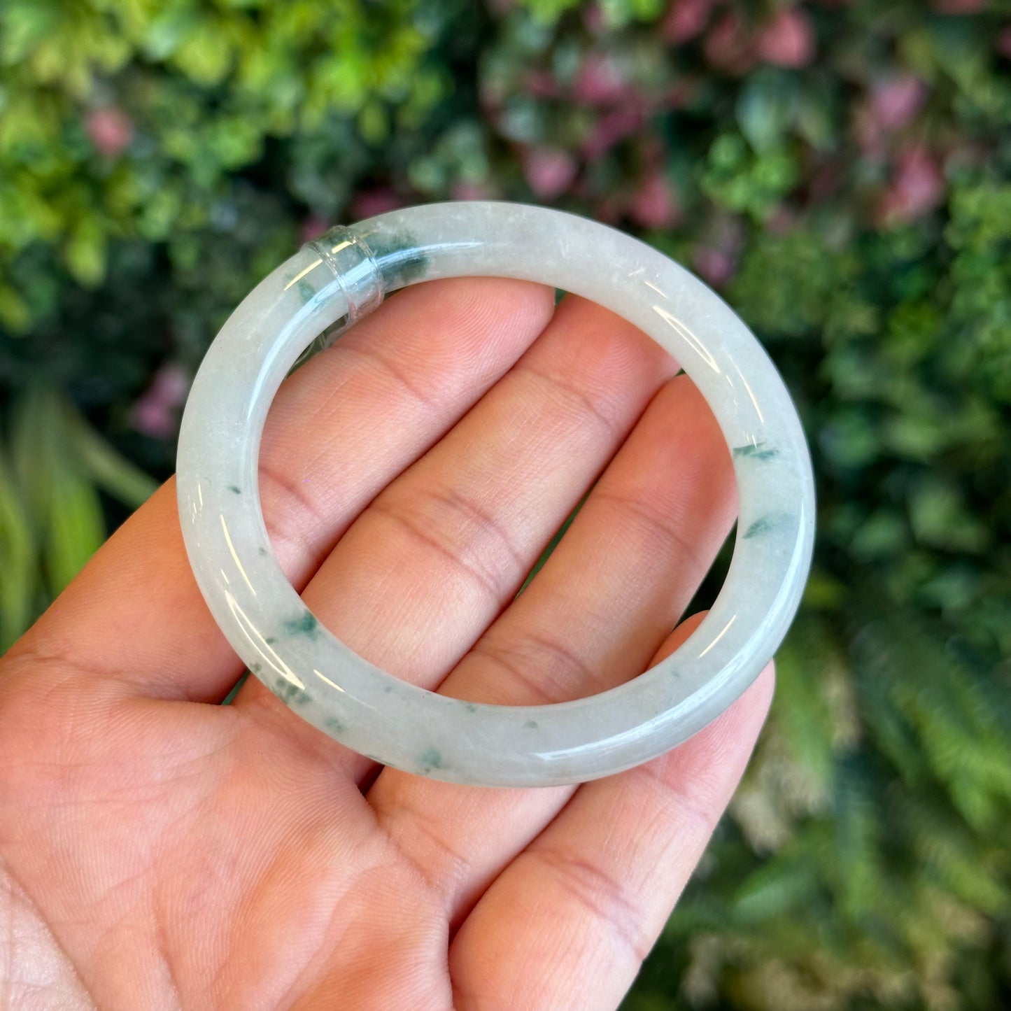 Natural Floating Floral Moss Green Semi Translucent Jadeite Jade VIP Bangle Chopstick Style Size 53 mm