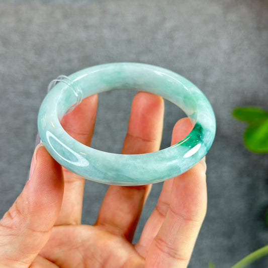 Natural Floral Moss Green with a Touch of Bright Green Natural Jadeite Jade Bangle Leaf Style Size 54.7 mm
