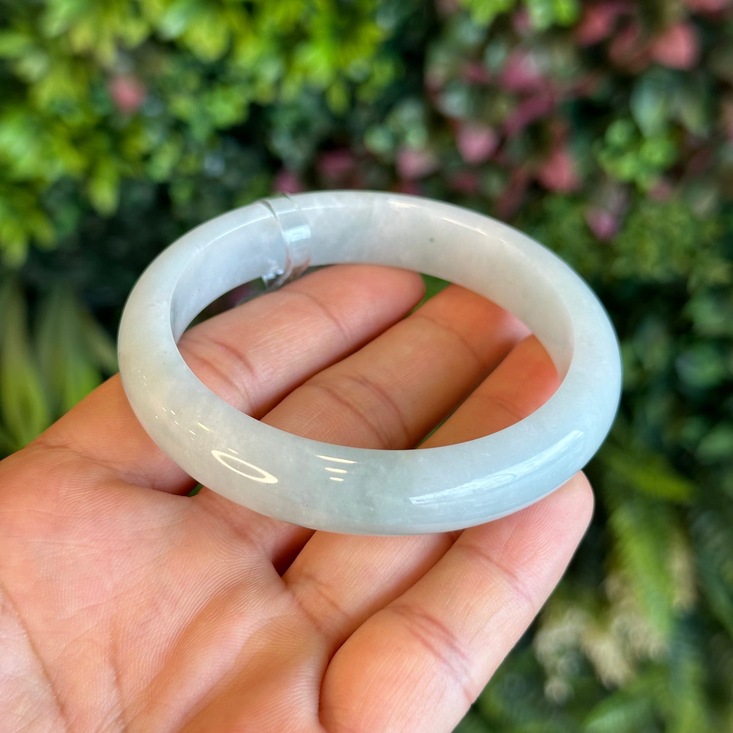 Natural Light Green Semi Translucent Jadeite Jade Bangle Leaf Style Size 58.5 mm