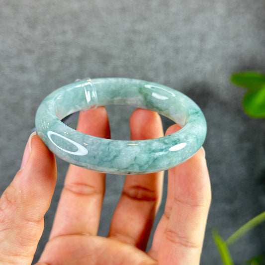 Floral Moss Green Natural Jadeite Jade Bangle Leaf Style Size 53 mm