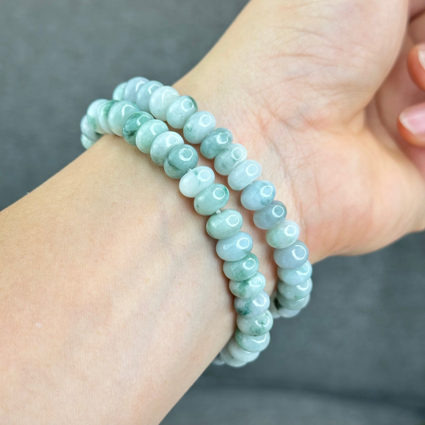 Natural Roundel Floating Green Moss Floral Jadeite Jade Bracelet Size 8.5 mm