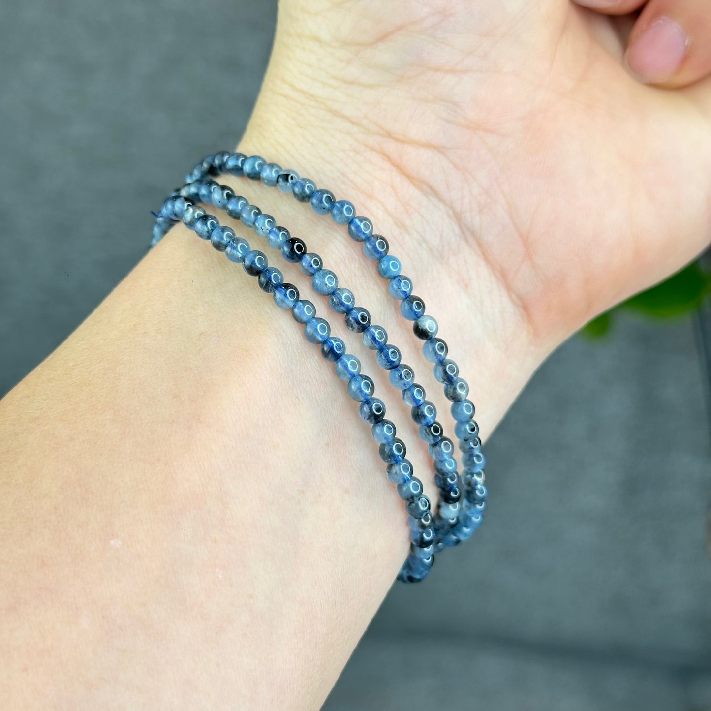 Natural Midnight Denim Blue Aquamarine Triple Wrap Bracelet Size 3.5 mm