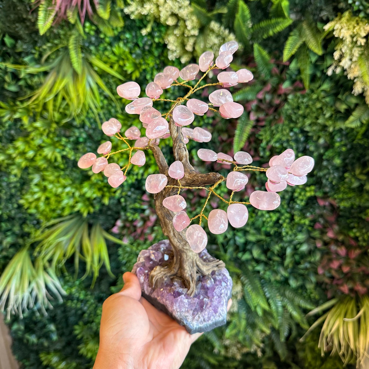 Natural Rose Quartz Bonsai Tree with Amethyst Base
