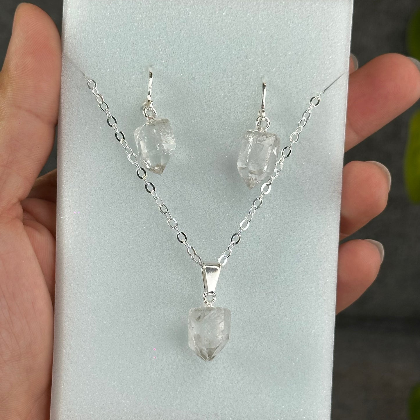 Natural Clear Quartz Point Faceted Earring Necklace Set Silver Plated