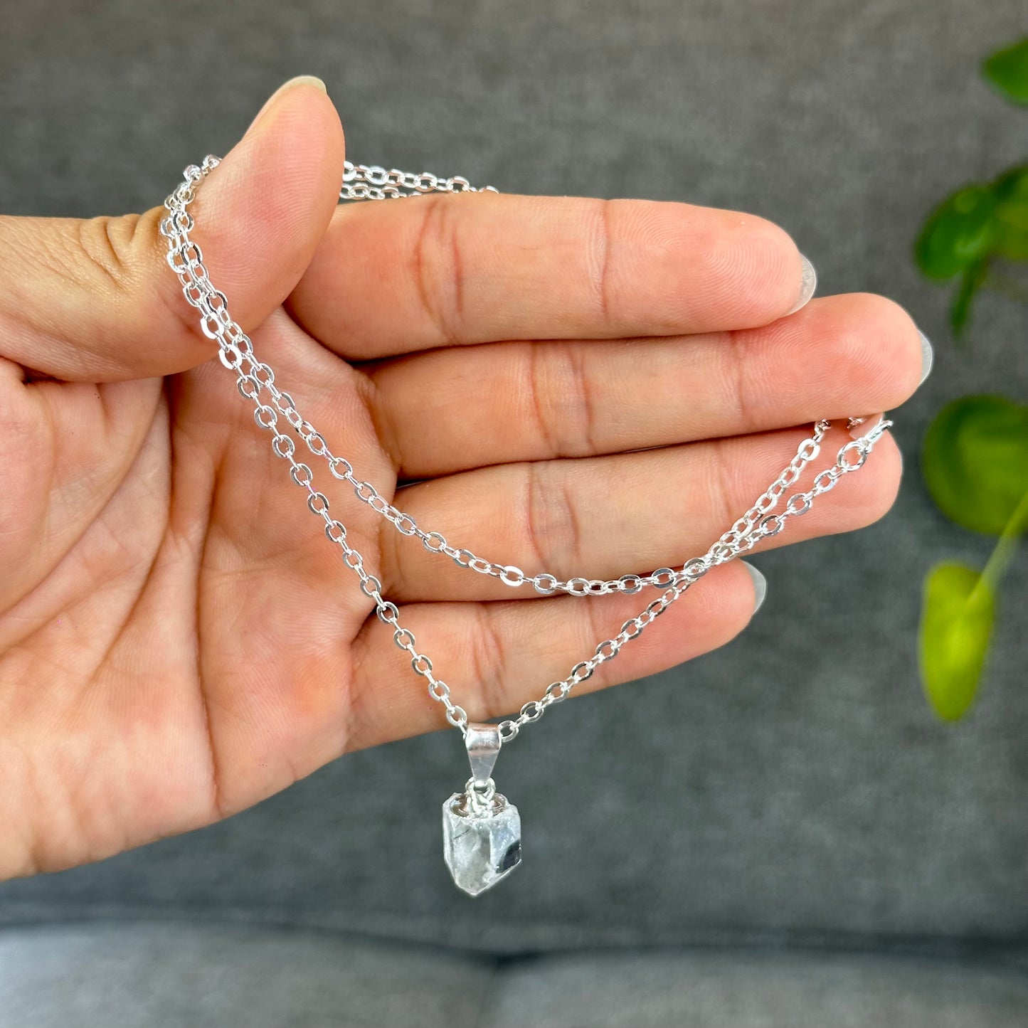 Natural Clear Quartz Point Faceted Earring Necklace Set Silver Plated