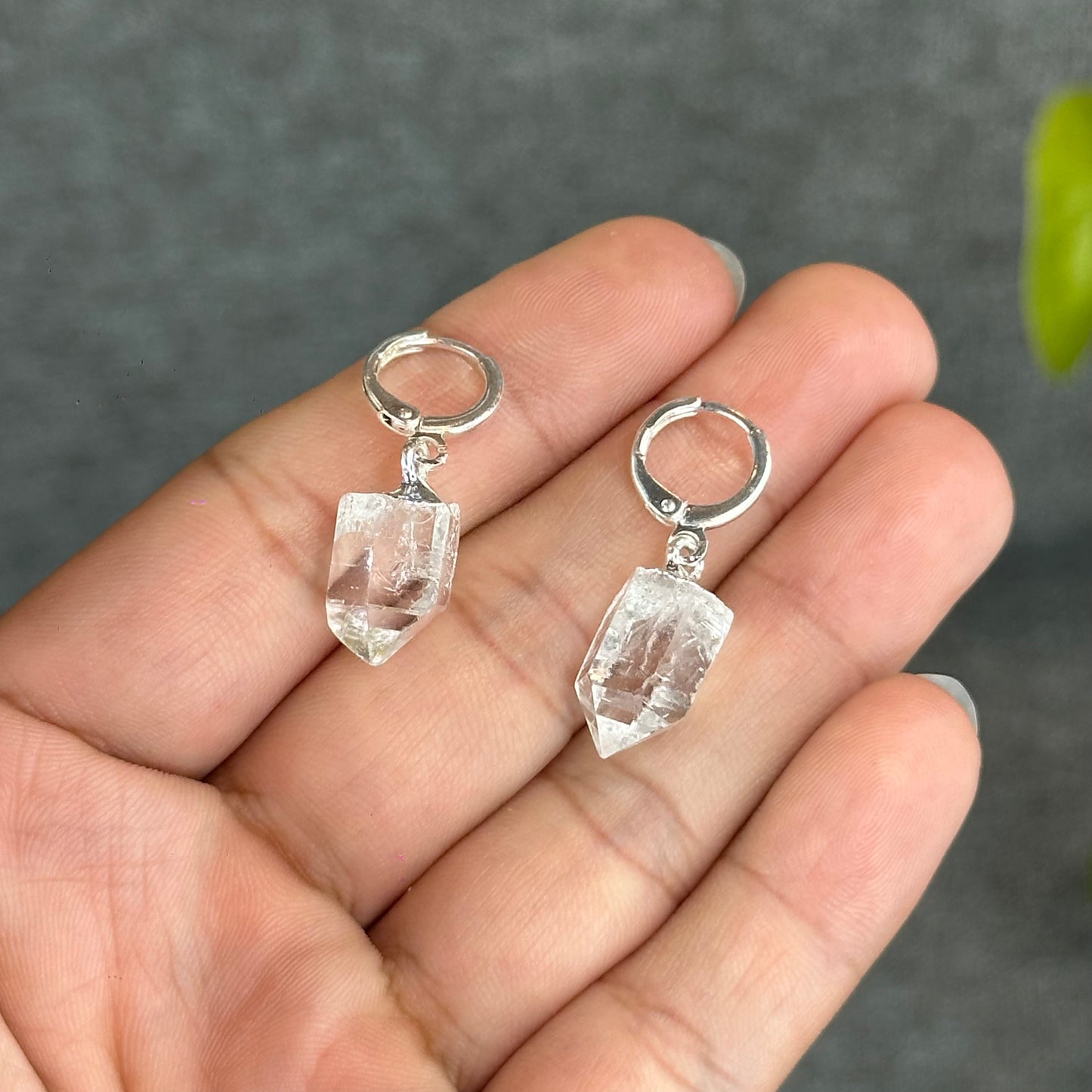 Natural Clear Quartz Point Faceted Earring Necklace Set Silver Plated