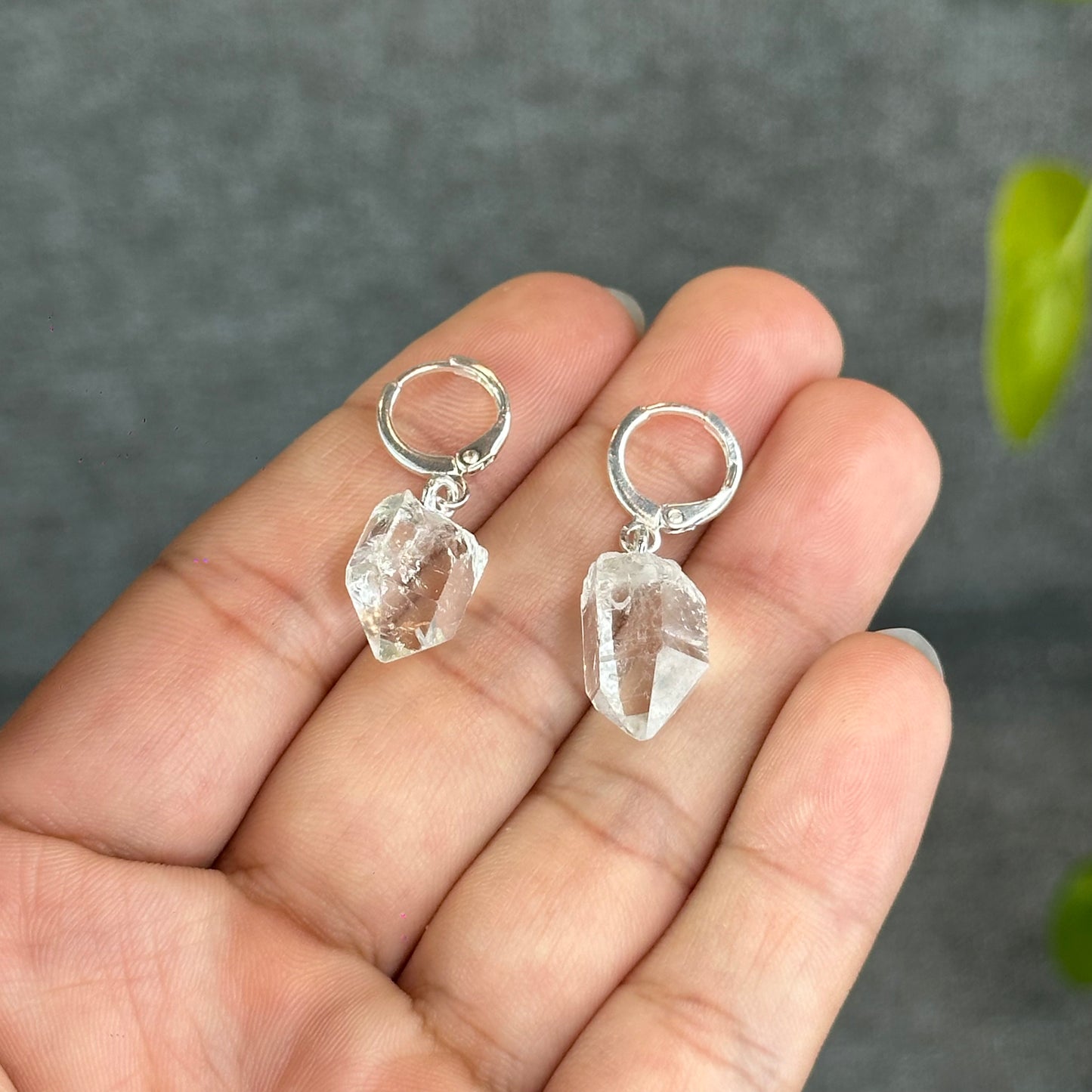 Natural Clear Quartz Point Faceted Earring Necklace Set Silver Plated