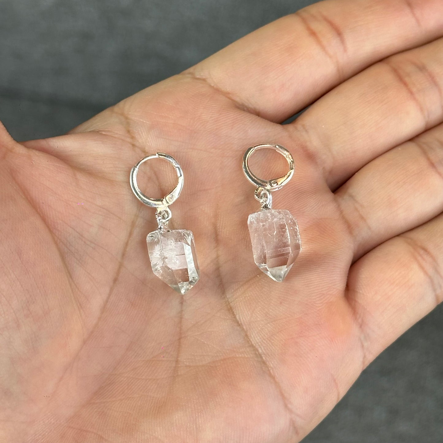 Natural Clear Quartz Point Faceted Earring Necklace Set Silver Plated