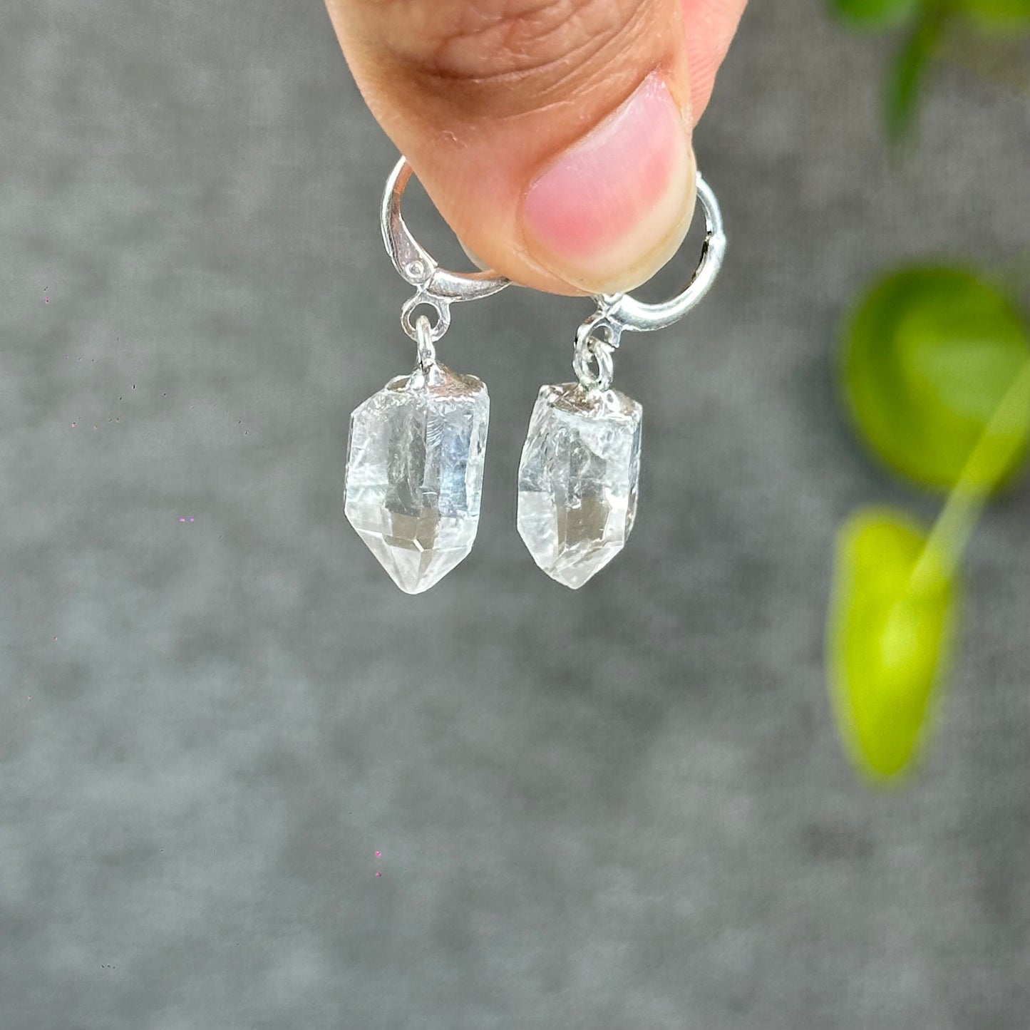 Natural Clear Quartz Point Faceted Earring Necklace Set Silver Plated