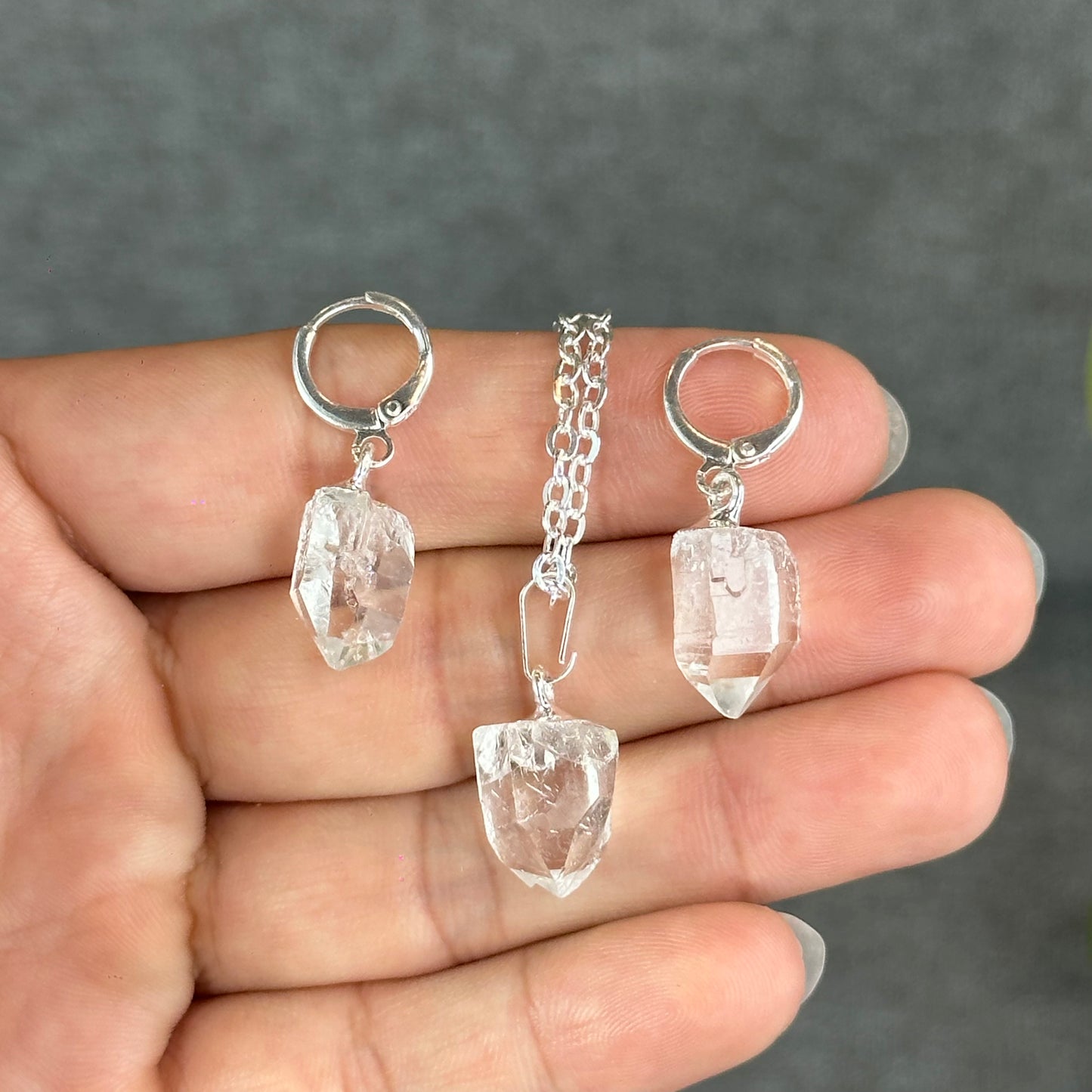 Natural Clear Quartz Point Faceted Earring Necklace Set Silver Plated