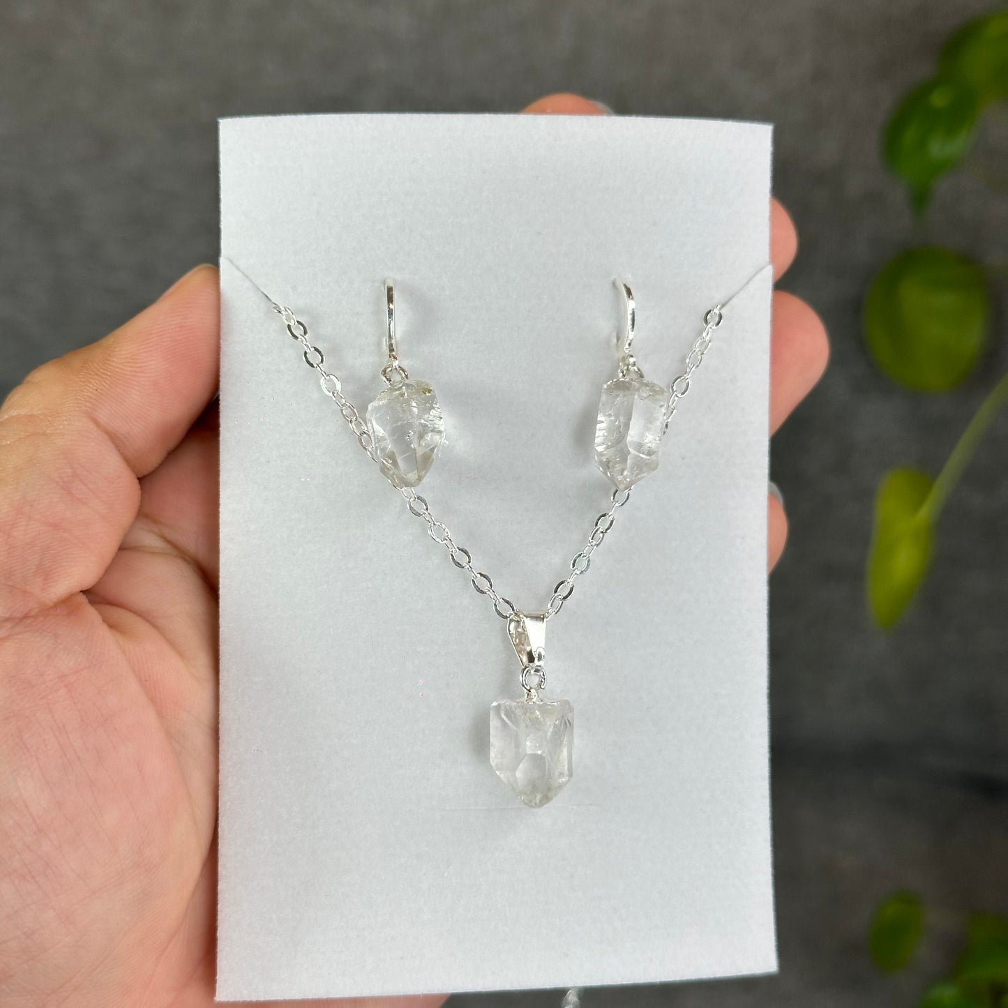 Natural Clear Quartz Point Faceted Earring Necklace Set Silver Plated