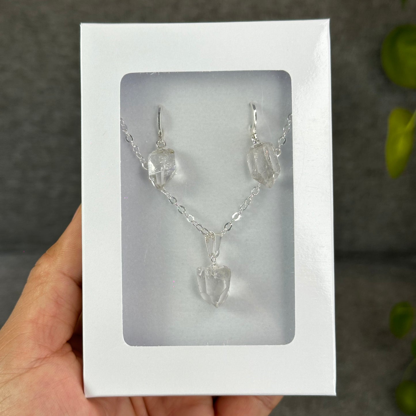 Natural Clear Quartz Point Faceted Earring Necklace Set Silver Plated
