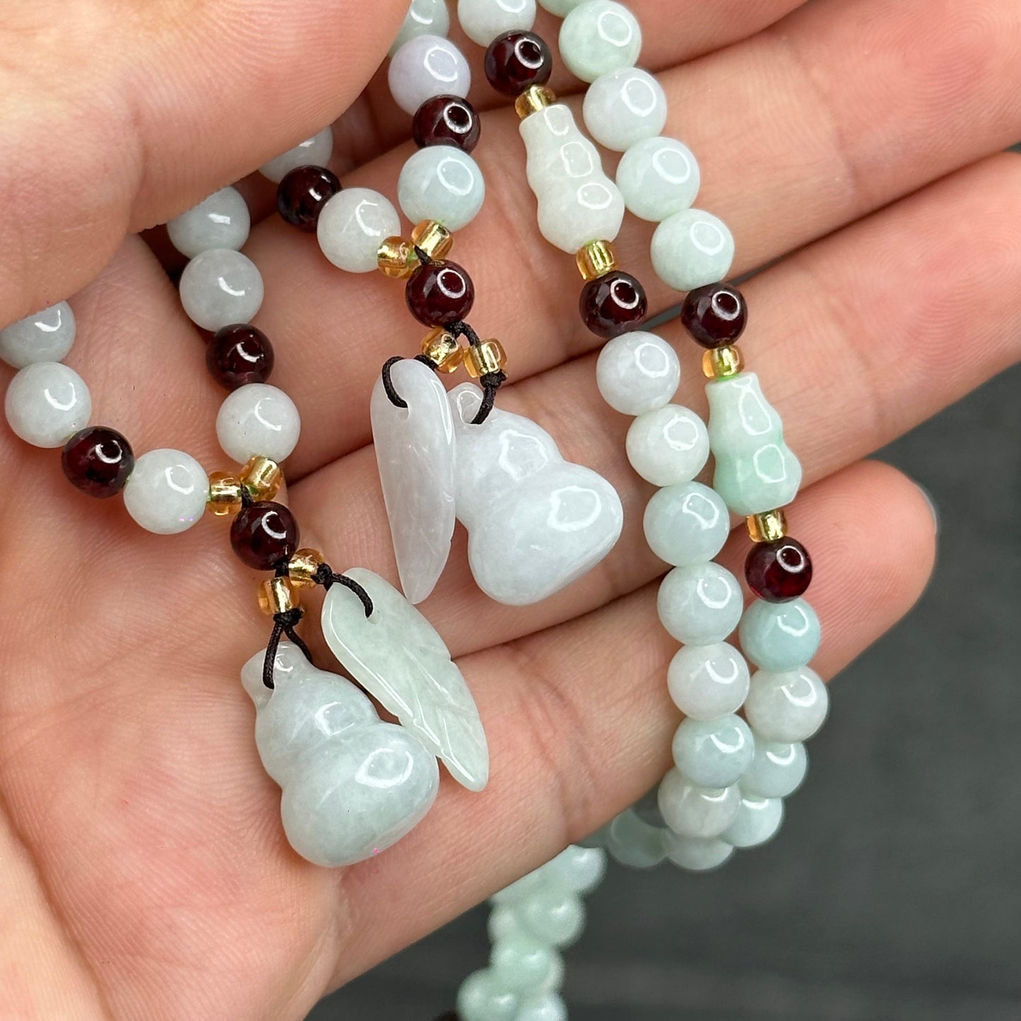 Natural Ivory Light Green Ho Lo Pendant Type A Jadeite Jade Triple Wrap Bracelet Size 6 mm