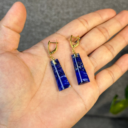 Natural Lapis Lazuli Rectangle Dangle Earrings in 10K Yellow Gold Setting