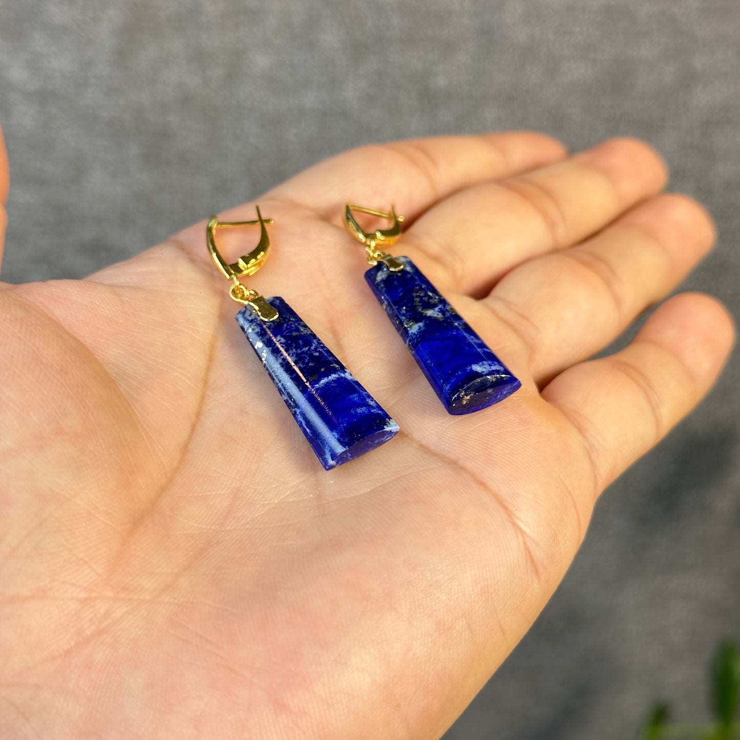Natural Lapis Lazuli Rectangle Dangle Earrings in 10K Yellow Gold Setting