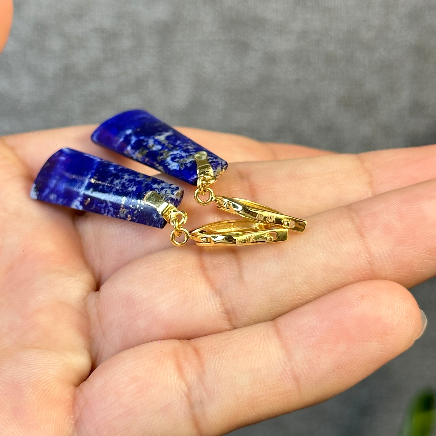 Natural Lapis Lazuli Rectangle Dangle Earrings in 10K Yellow Gold Setting