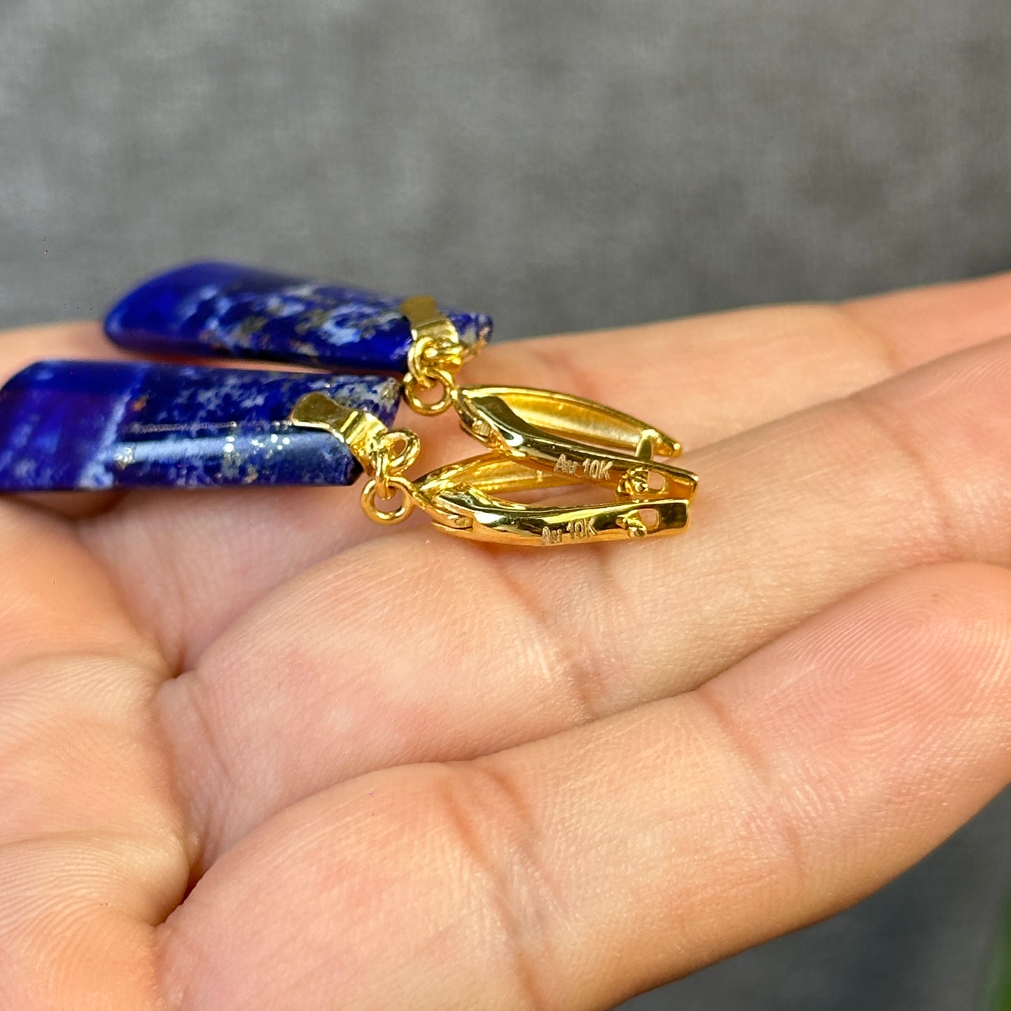 Natural Lapis Lazuli Rectangle Dangle Earrings in 10K Yellow Gold Setting