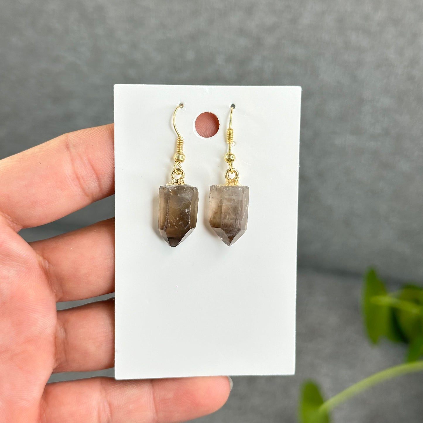 Natural Smokey Quartz Point Crystal Earrings Gold Platted