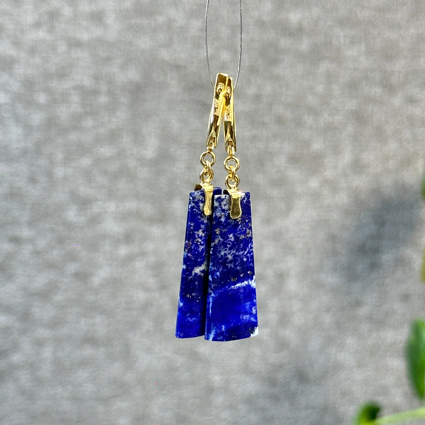 Natural Lapis Lazuli Rectangle Dangle Earrings in 10K Yellow Gold Setting