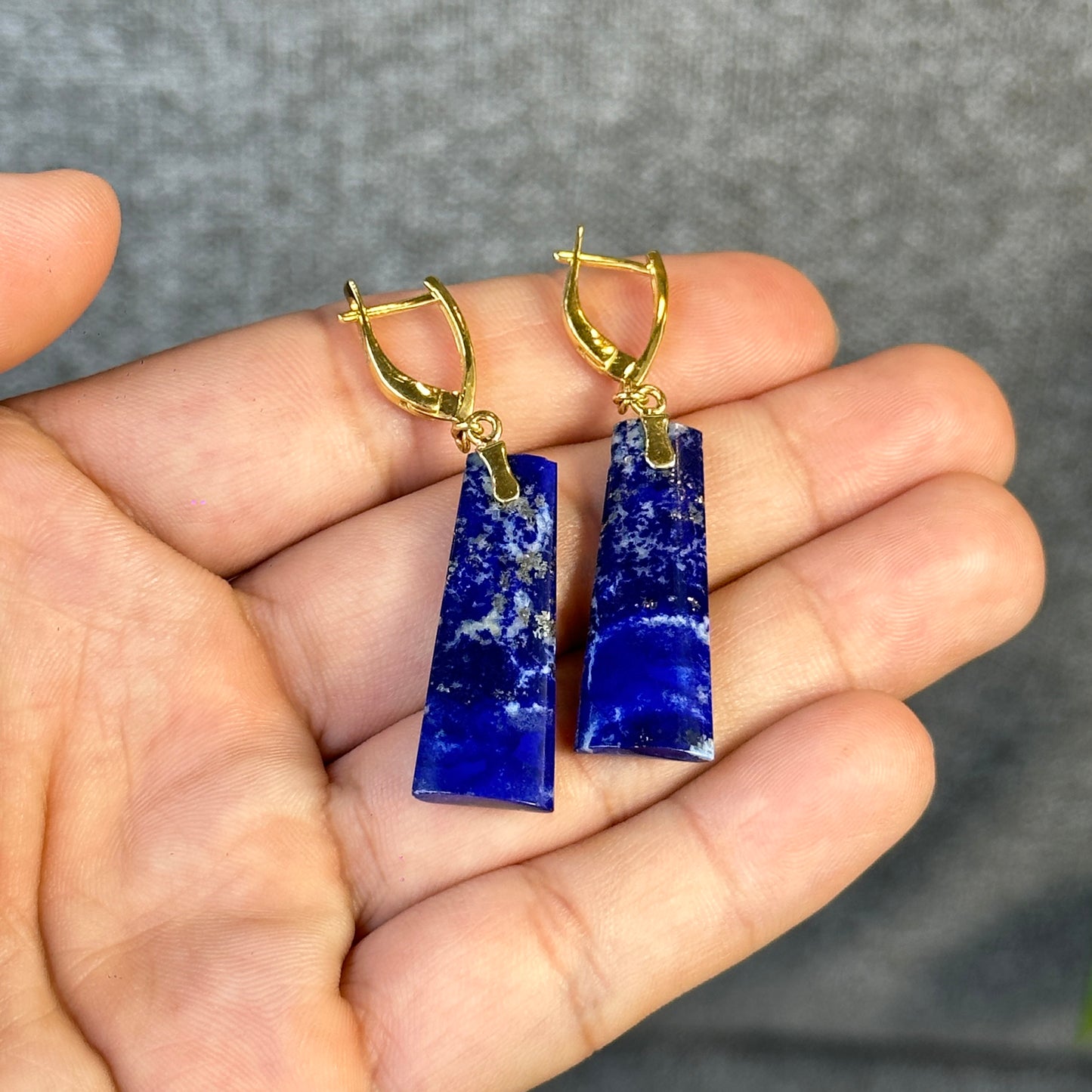 Natural Lapis Lazuli Rectangle Dangle Earrings in 10K Yellow Gold Setting
