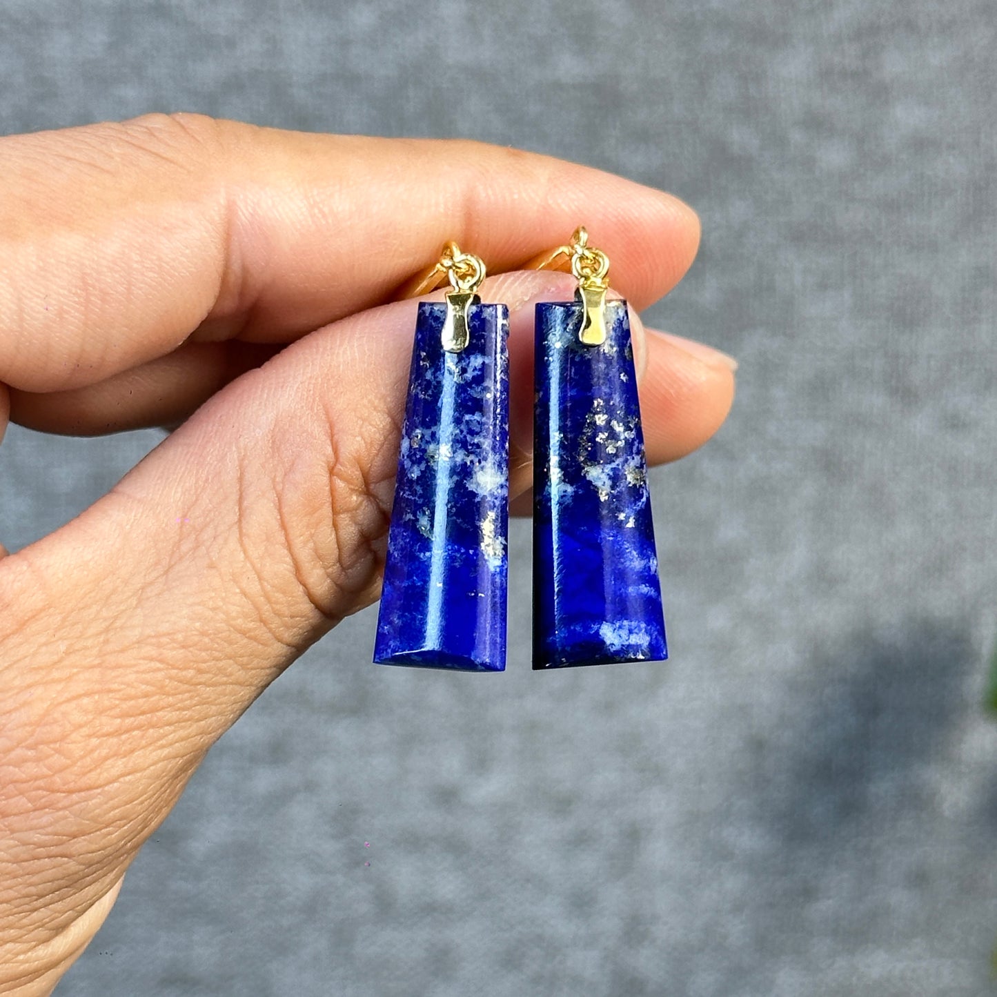 Natural Lapis Lazuli Rectangle Dangle Earrings in 10K Yellow Gold Setting