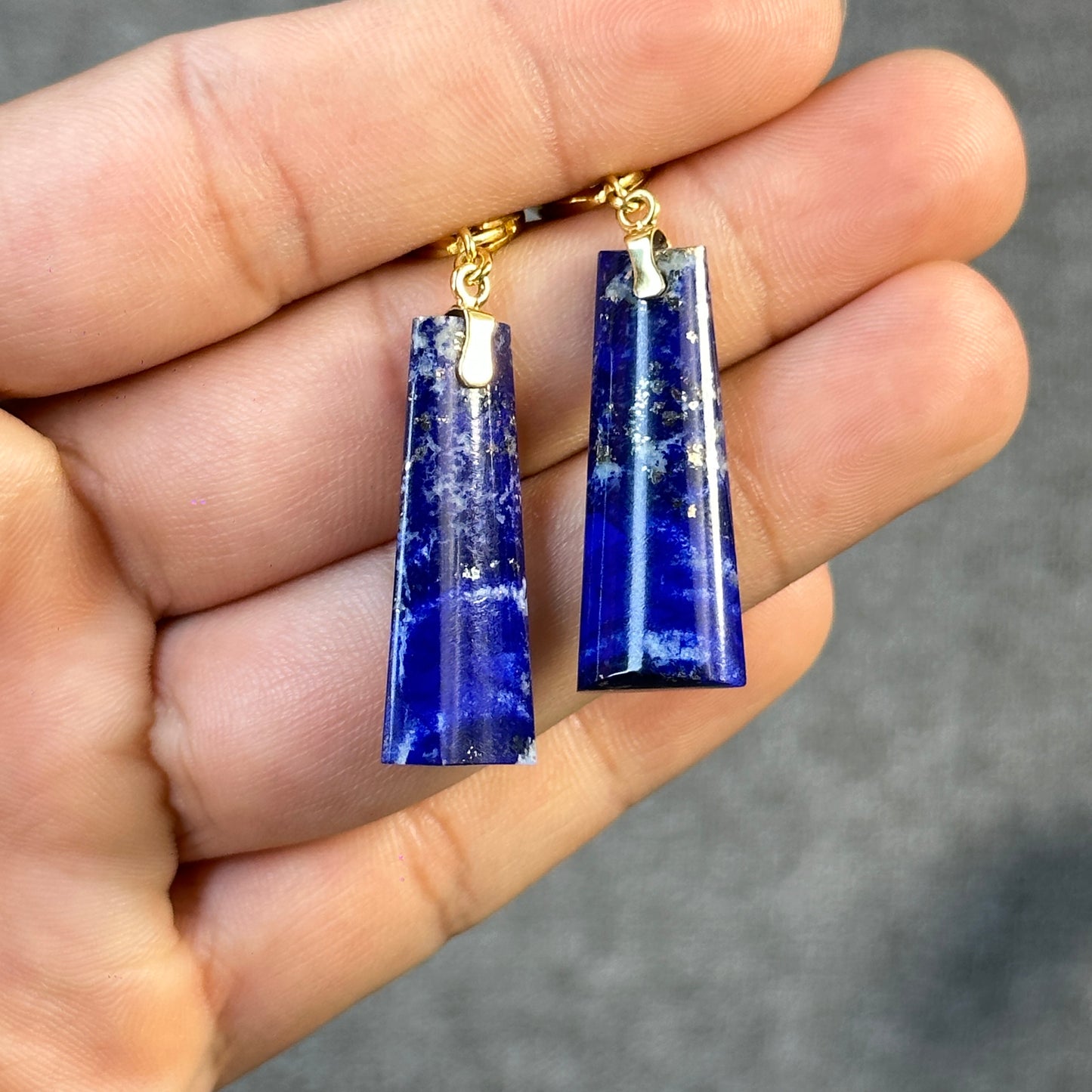 Natural Lapis Lazuli Rectangle Dangle Earrings in 10K Yellow Gold Setting