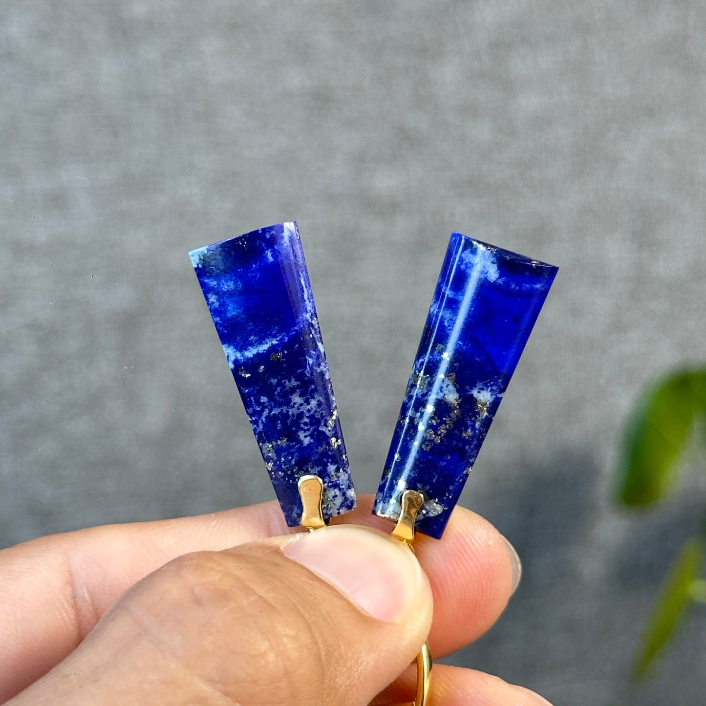 Natural Lapis Lazuli Rectangle Dangle Earrings in 10K Yellow Gold Setting