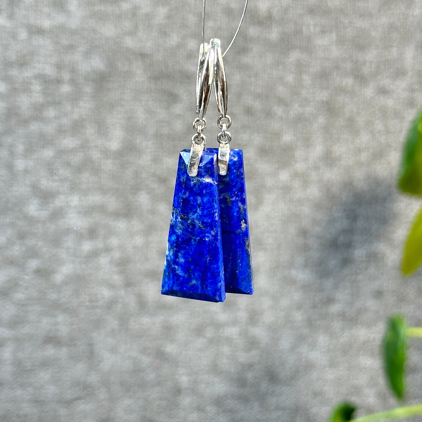 Natural Lapis Lazuli Rectangle Dangle Earrings in Silver Setting