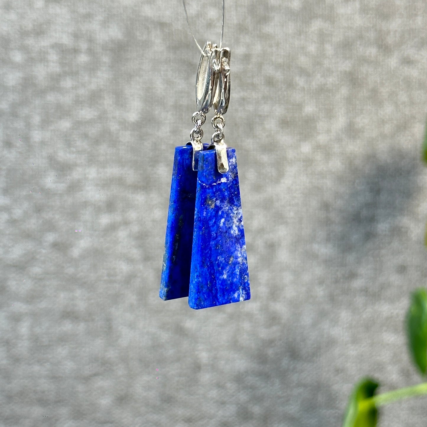 Natural Lapis Lazuli Rectangle Dangle Earrings in Silver Setting