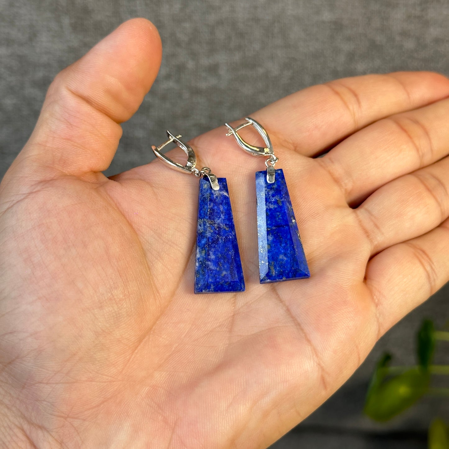 Natural Lapis Lazuli Rectangle Dangle Earrings in Silver Setting